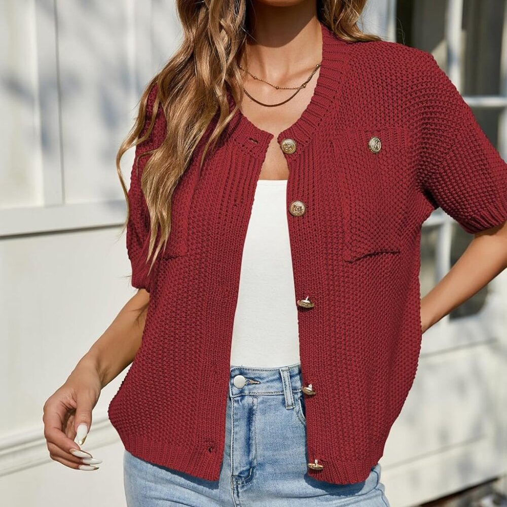 Cakulo Women's Short Sleeve Sweater Vest Burgundy Red Cardigan Chunky Knit Top-S